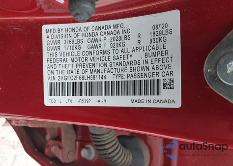 2020 Honda Civic Lx z USA, uszkodzony, nr VIN 2HGFC2F68LH581144